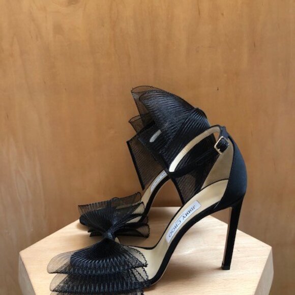 JIMMY CHOO Aveline Black Tulle Bow Ankle Strap Open Toe High Heel Sandals - Picture 3 of 8